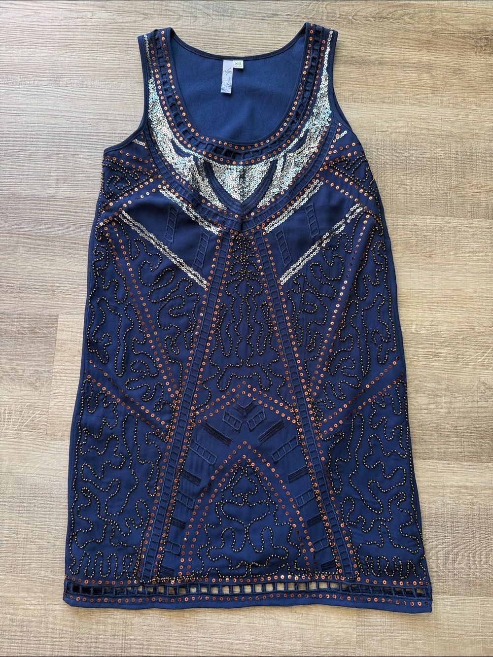 Alya Navy Blue Sleeveless Beaded Shift Dress